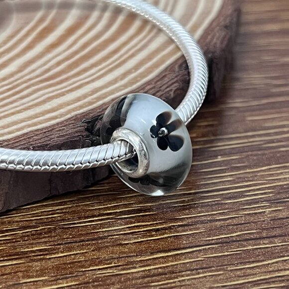 Murano Glass Black Flower White Clear Bead Charm - Picture 4 of 6